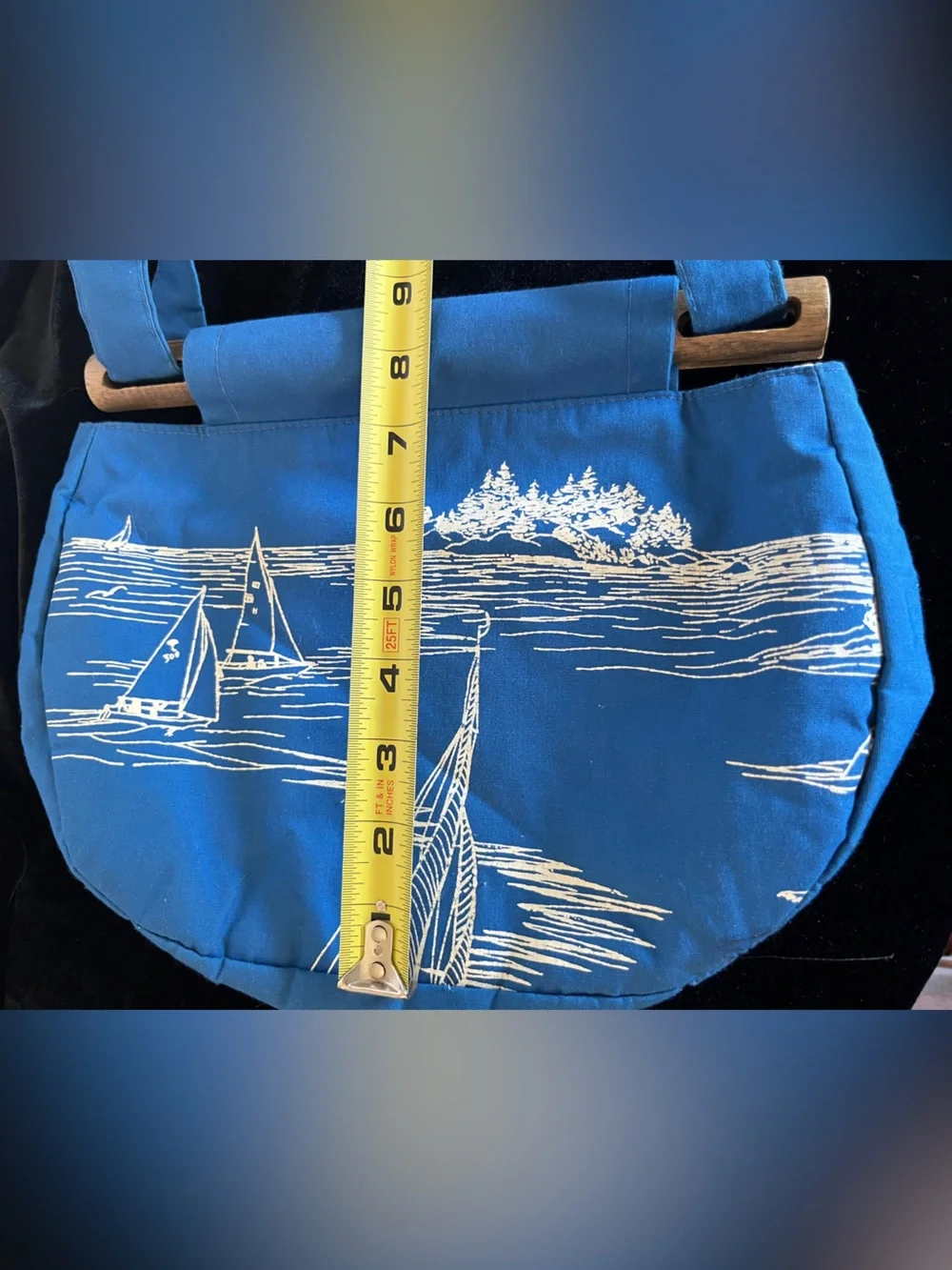 Vintage Flamstead of Vermont 70s-80s Coastal Sailboat Ocean Wood & Fabric Bag